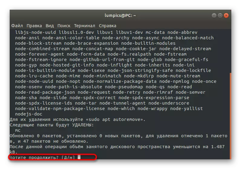 Bekræftelse af programmet sletning gennem Debian Terminal