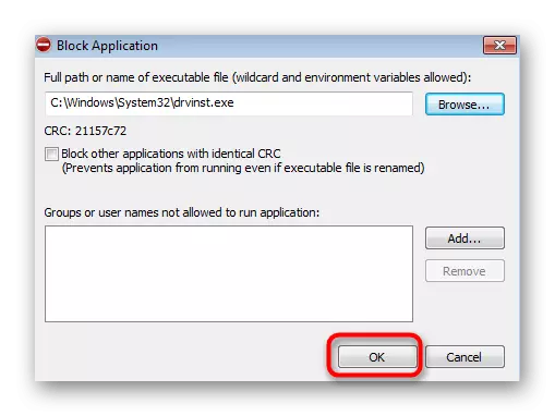 Confirmación de agregar archivo ejecutable para bloquear Windows 7