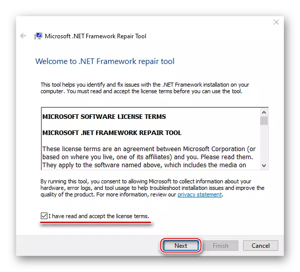 Terima Perjanjian di Alat Perbaikan Net Framework untuk menghapus kerangka kerja bersih dengan Windows 10