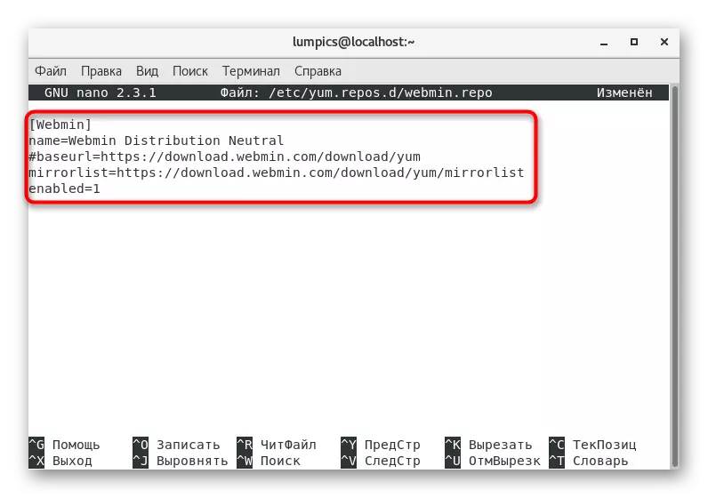 De inhoud van het repository-bestand vullen bij het installeren van Webmin in CentOS 7