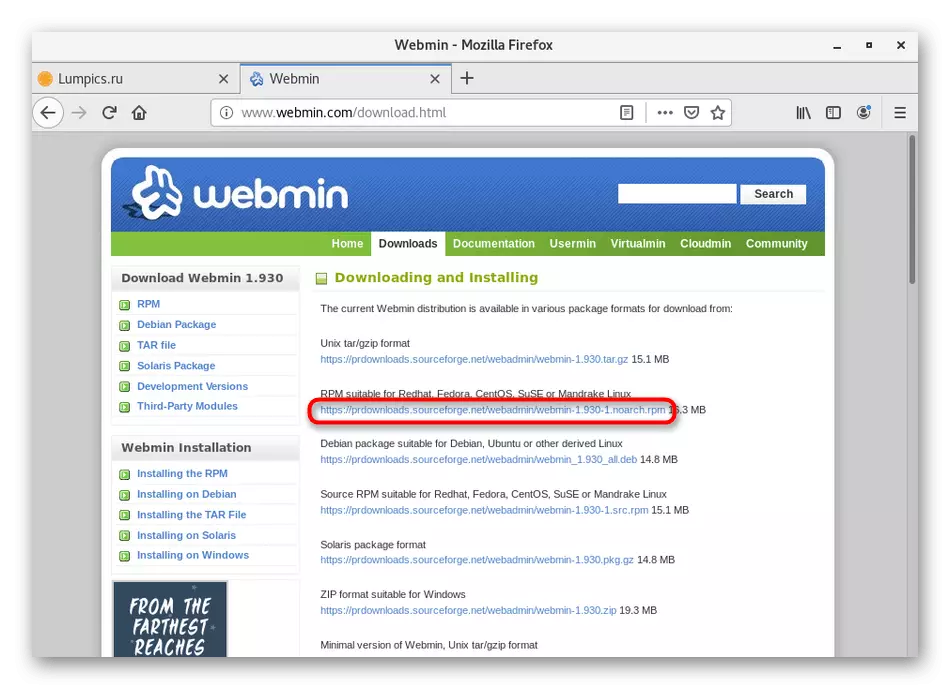 Aconseguir enllaços per descarregar Webmin en CentOS 7 a la pàgina oficial