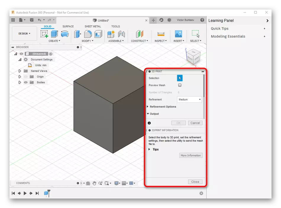 Autodesk फ़्यूज़न 360 प्रोग्राम में त्रि-आयामी मुद्रण के लिए एक परियोजना तैयार करना