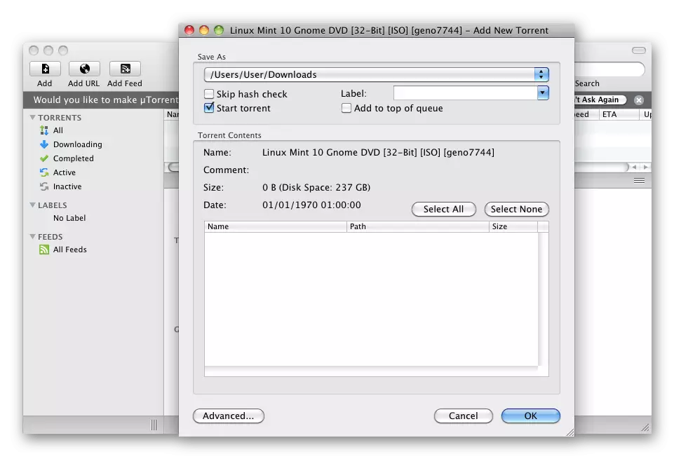 Головне вікно програми BitTorrent - торрент клієнт для macOS