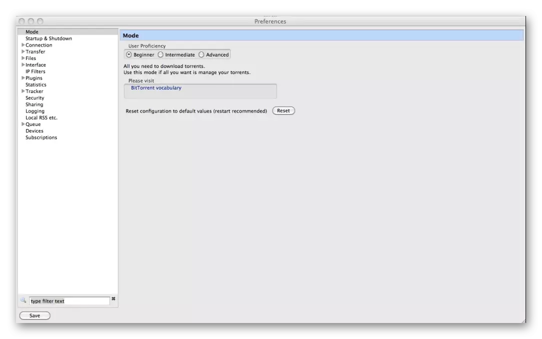 Settings of the VUZE program - torrent client for MacOS