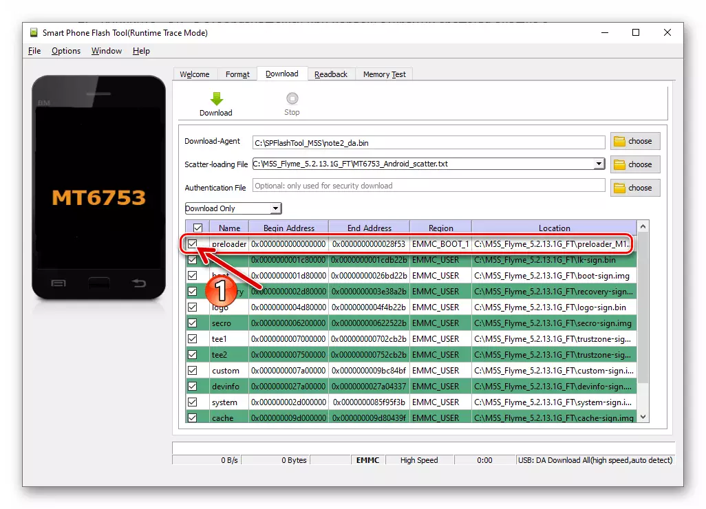 Mezu m5s sples Alat Alat Prleloader barang di daérah anu nganggo bagian telepon pikeun firmware dina program