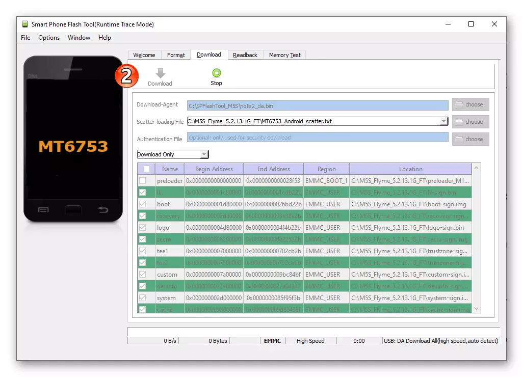 Meizu M5S SP-ark-programma yn 'e modus fan standby-ferbining foar de firmware