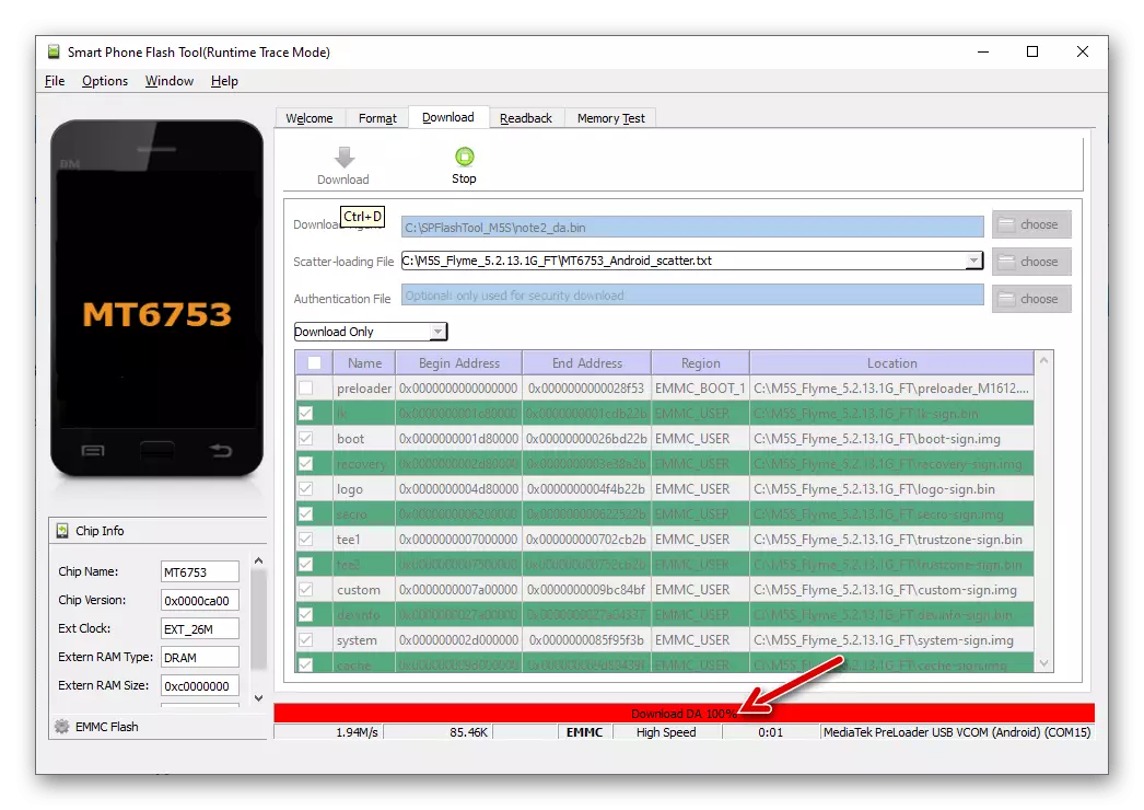 Meizu M5S SP Flash Tool Uređaj u firmware modu je utvrđena u programu