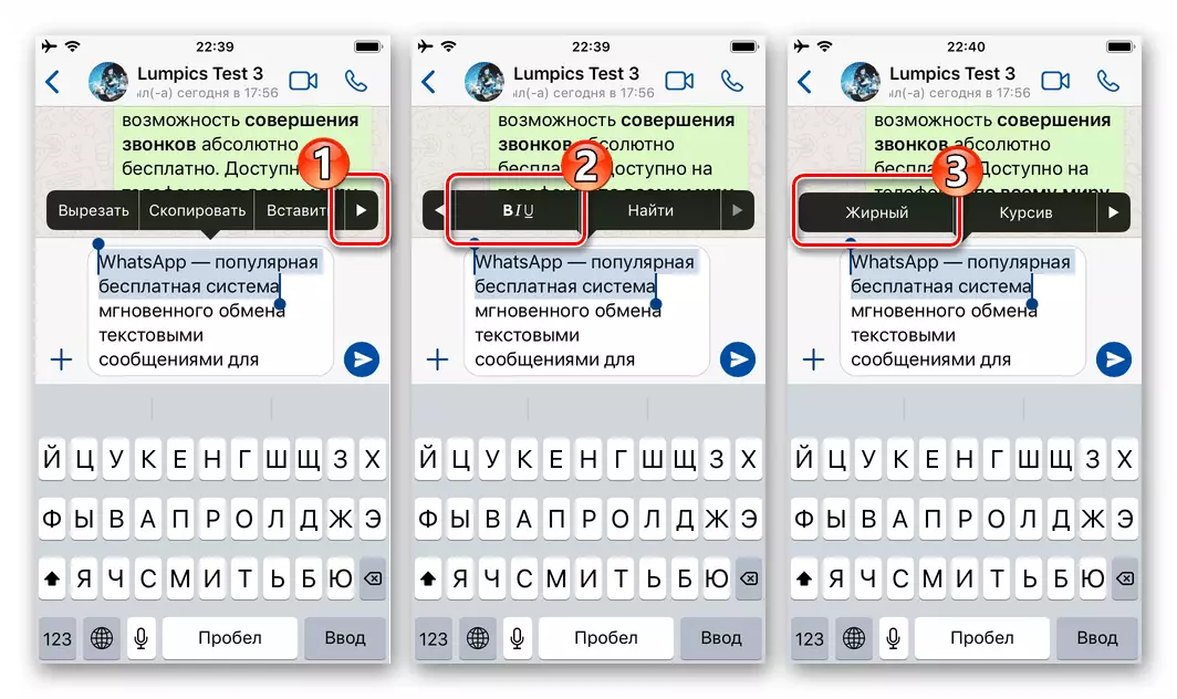 WhatsApp për përdorimin e iOS të fontit të guximshëm për fragmentin e tekstit në mesazh duke përdorur menunë e kontekstit