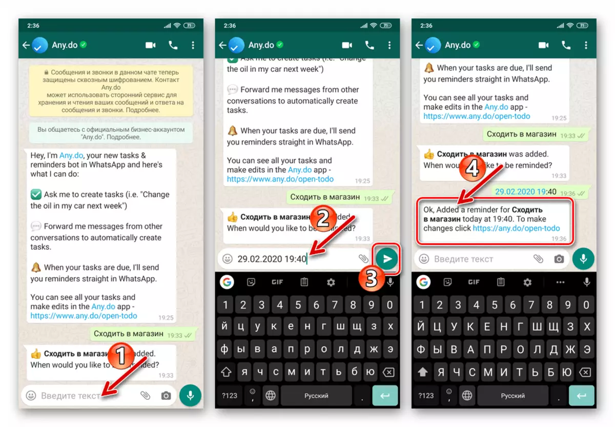 WhatsApp configurando a data e hora de recepción da mensaxe de Bot Any.Do