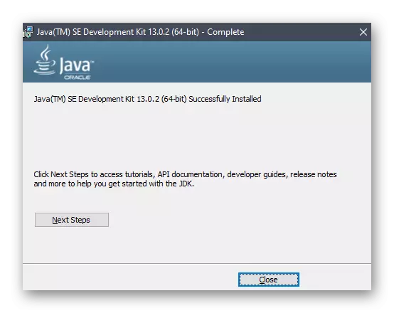 Ang matagumpay na pagkumpleto ng pag-install ng mga bahagi ng JDK sa Windows 10