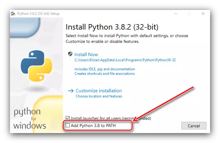 Tambihkeun kana paréntah pituduh salami pamasangan Python sacara manual dina Windows 10