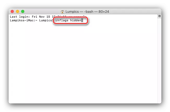 Gjemmer kommandoen i terminalvinduet for å skjule filer på MacOS