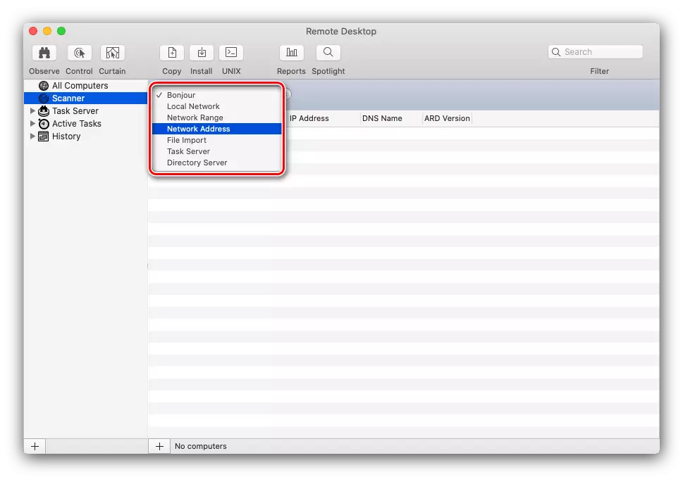 Seleccione Tipo de conexión Apple Remote Desktop Host en MacOS