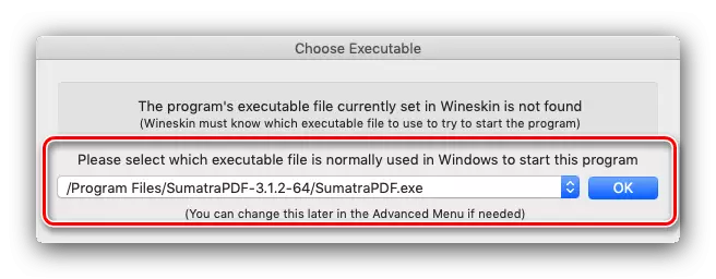 Задаць EXE-файл прыкладання Wineskin для выкарыстання ў macOS