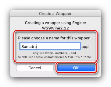 MacOS에서 사용하기 위해 Wineskin Voppeca의 이름을 선택하십시오.