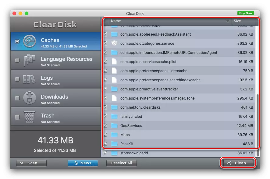 Selectie van bestanden voor het reinigen van MacOS-cache via ClearDisk