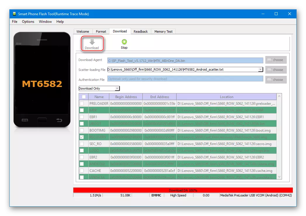 Lenovo S660 Manomboka ny fanarenana ny firmware amin'ny alàlan'ny Fitaovana SP Flash