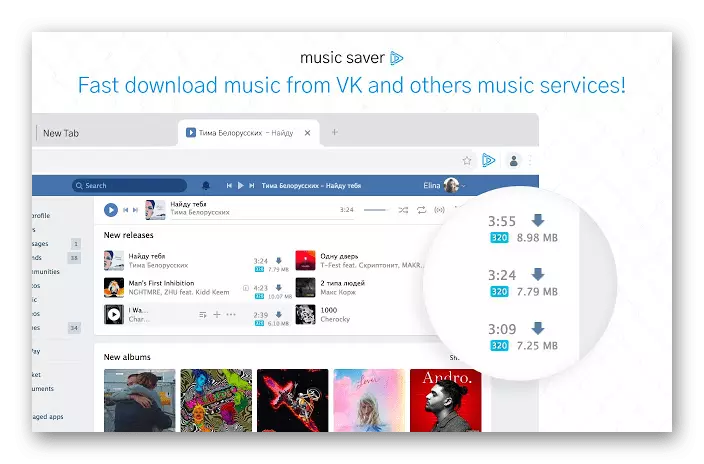 Shkarkimi i muzikës me vkontakte duke përdorur zgjerimin e Saver Music VK