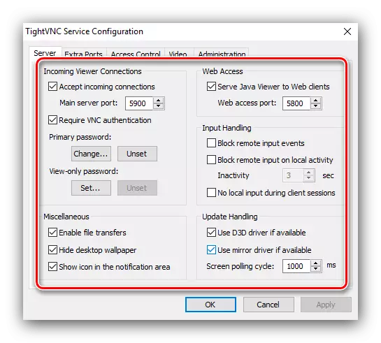 TightVNC servera iestatījumi attālā savienojuma ar citu datoru