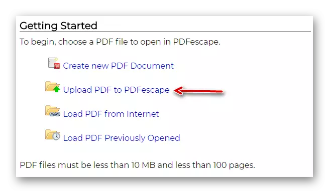 ჩატვირთვა PDF დოკუმენტის ონლაინ PDFescape სერვისი