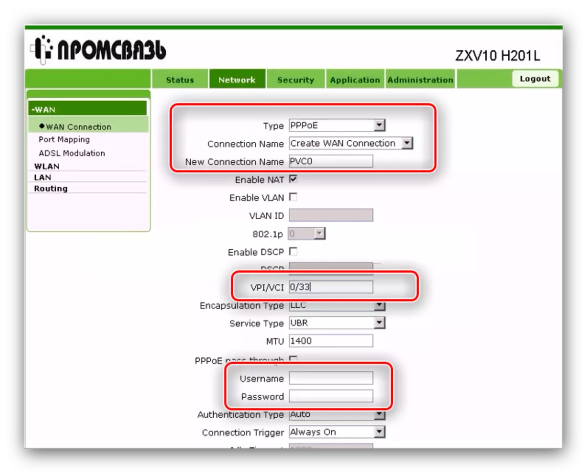 پارامترهای اینترنت Promscape H208L برای پیکربندی مودم Byfly