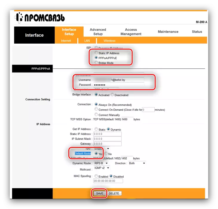Internet parameters Promsvyaz M200A om 'n modem byfly te konfigureer