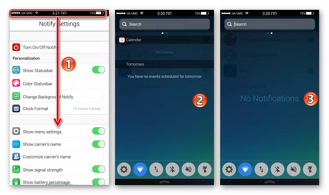 Inoty OS 11 fir Android Exterior View Status Station an Notifikatiounsblocken no der Uwendung Aktivéierung