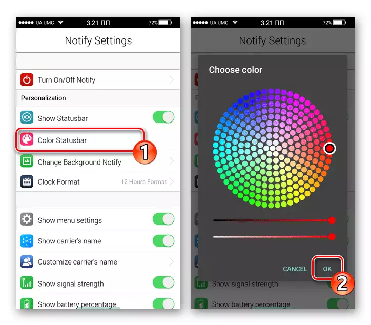 Inoty OS 11 za Android Spreminjanje Color Line o statusu Smartphone