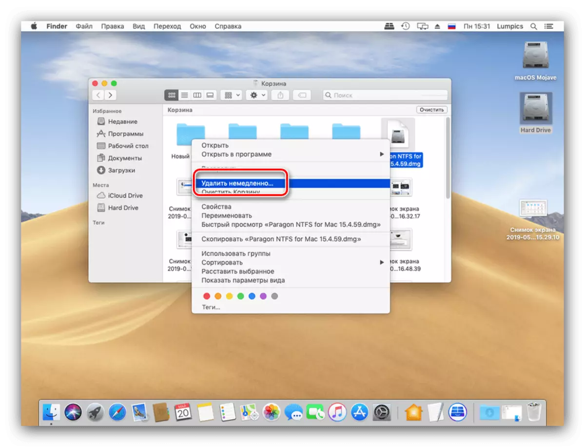 Sletning af individuelle filer på MacOS i en kurv gennem kontekstmenuen