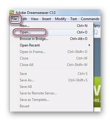 เมนู File ใน Adobe Dreamweaver