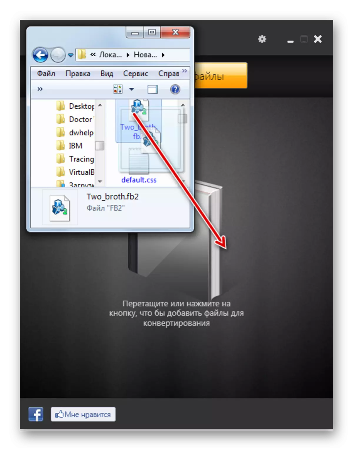 Reținerea fișierului FB2 de la Windows Explorer la Hamster Free EbookConverter