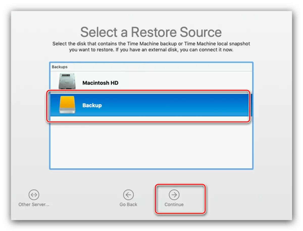 Избор на резервен източник, за да възстановите MacBook от машината за време