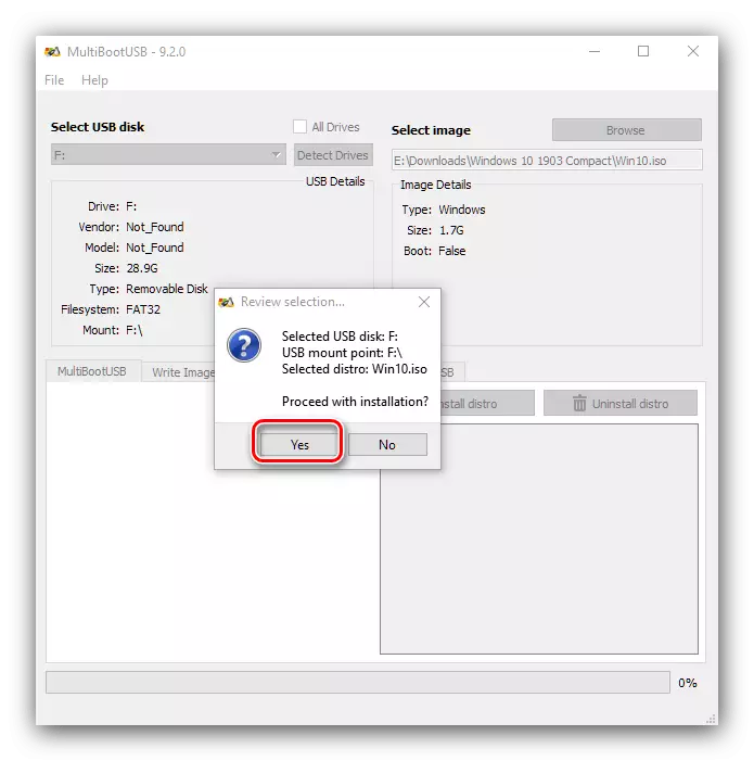 Confirma a primeira entrada de imaxe no MuitiboTUSB para crear unha unidade flash multi-carga con Windows 10