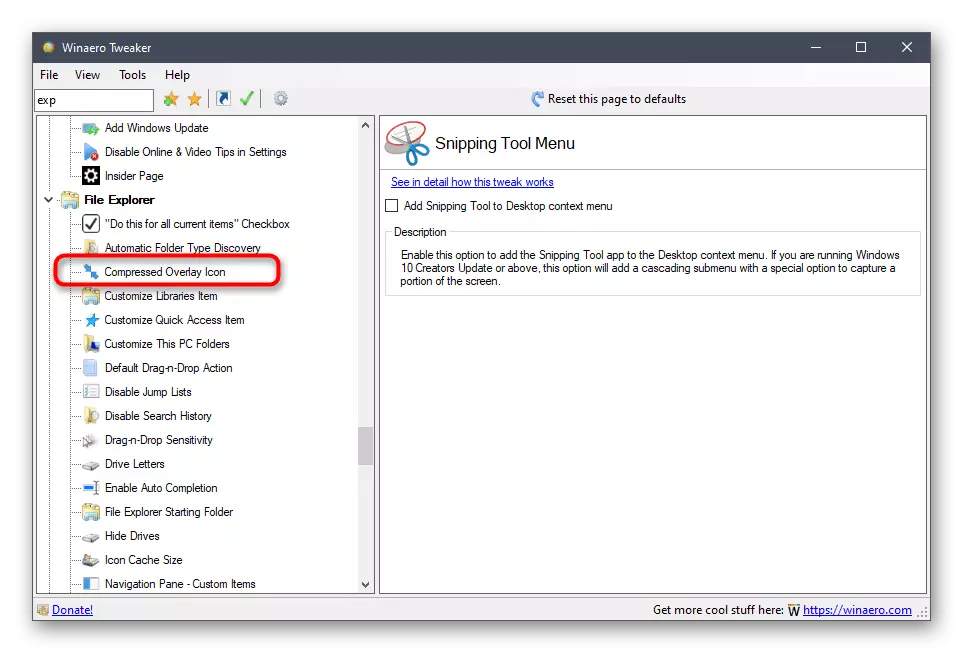 Moviy otishmalarni o'chirib qo'yish uchun Windows 10-da Winero Windows Tricker dasturida parametrni qidiring