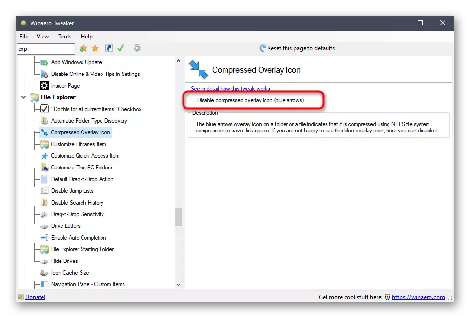 Wyłączanie niebieskich strzałek przez program Winaero Tweaker w systemie Windows 10
