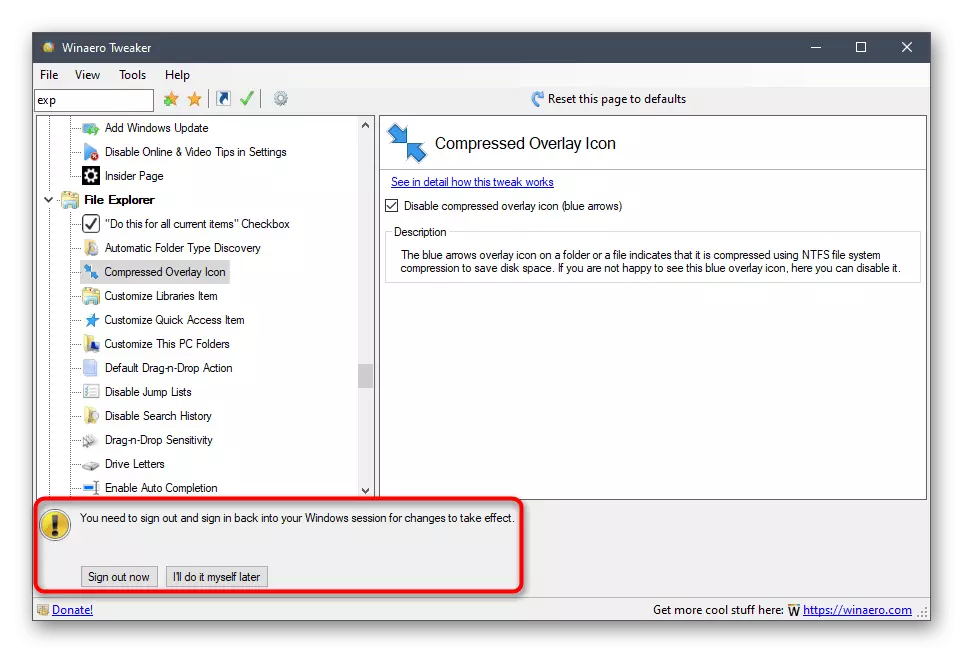 Перезапуск комп'ютера після відключення синіх стрілок Winaero Tweaker в Windows 10