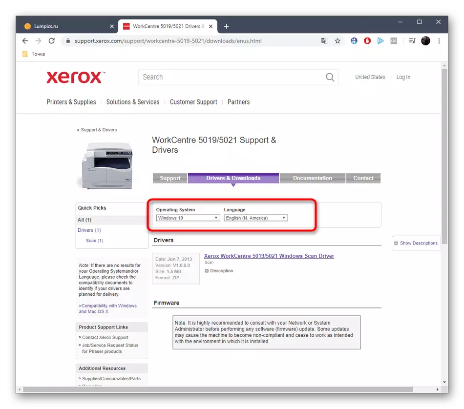 Selecionando o sistema operacional antes de baixar drivers para Xerox WorkCentre 5021 no site oficial