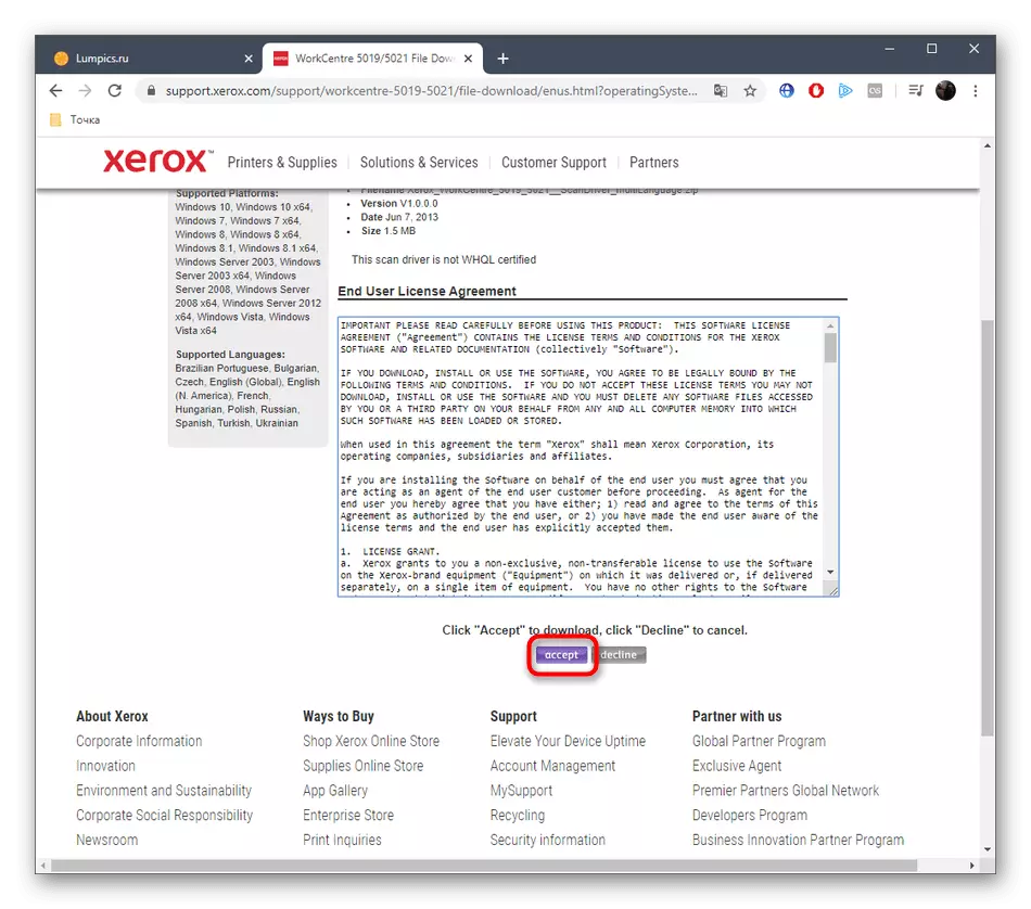 உத்தியோகபூர்வ இணையத்தளத்தில் Xerox Workcentre 5021 க்கான இயக்கிகள் பதிவிறக்குவதற்கான உறுதிப்படுத்தல்