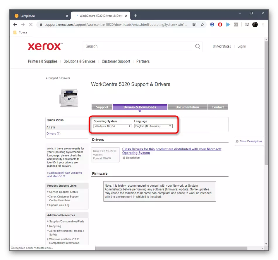 Velge operativsystemet for nedlasting av Xerox WorkCentre 5020-drivere fra det offisielle nettstedet