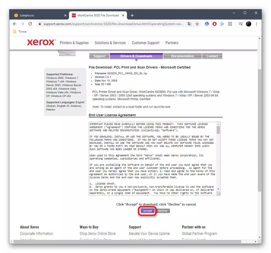 Bekräftelse av början av nedladdning av drivrutinen för Xerox WorkCentre 5020-skrivaren från den officiella hemsidan