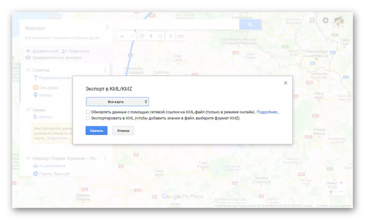 Vývozné karty na počítači v službe Google Moje mapy