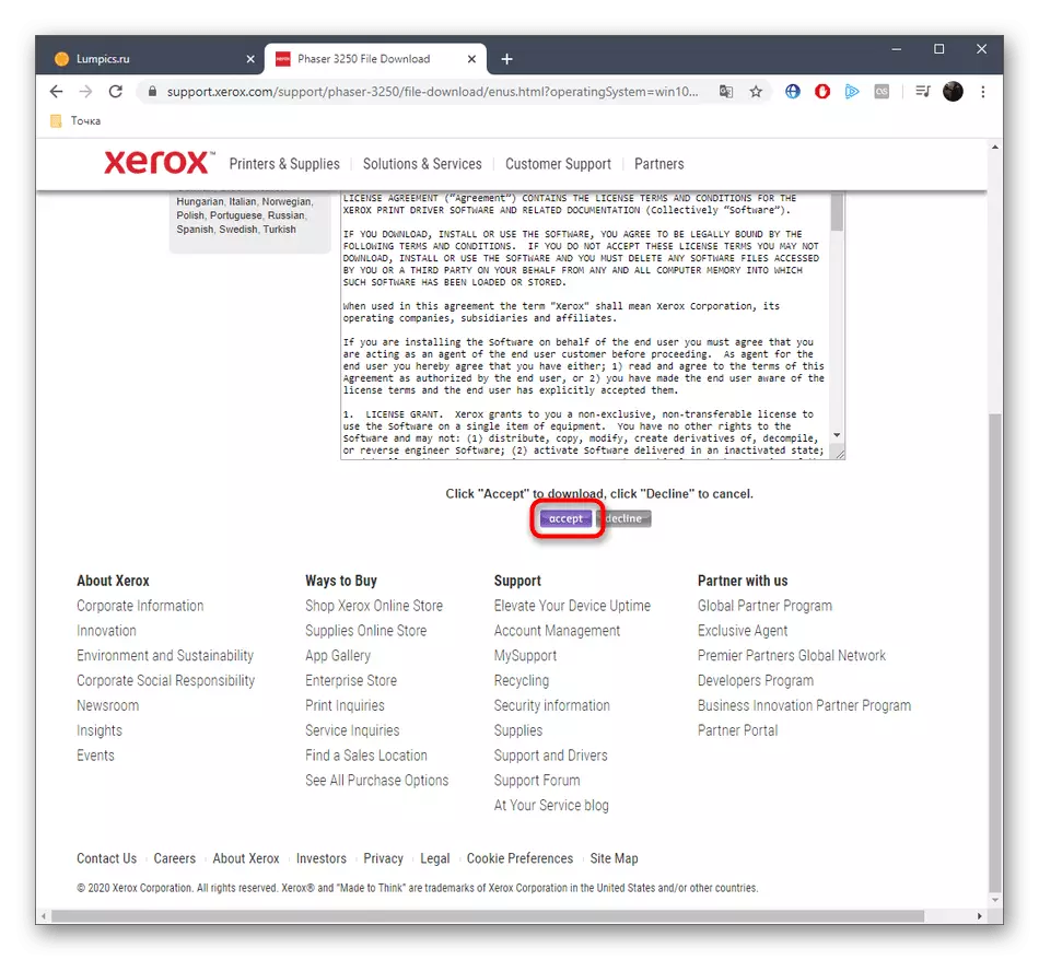Conferma del driver Xerox Phaser 3250 dal sito ufficiale