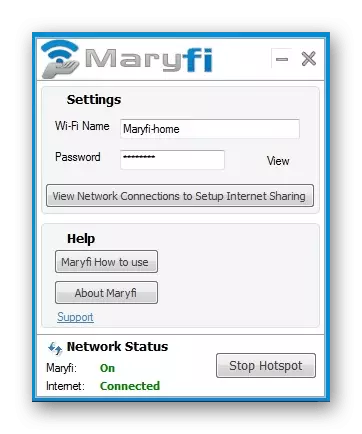 Izmantojot Maryfi programmu interneta izplatīšanai no klēpjdatora