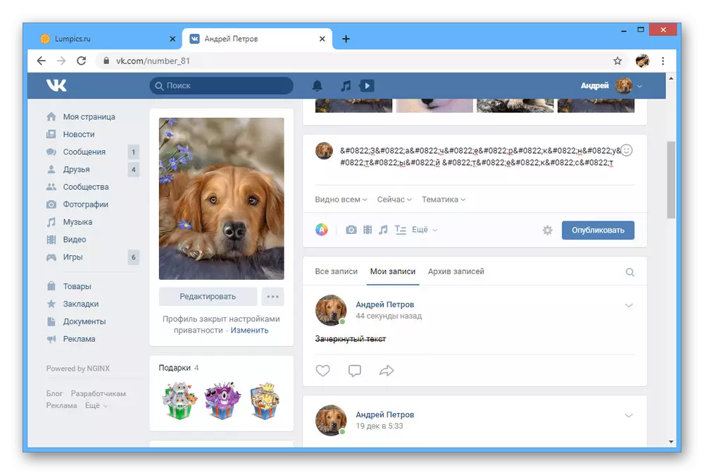 TEXTEMENT-lintas teks ing situs web VKontakte