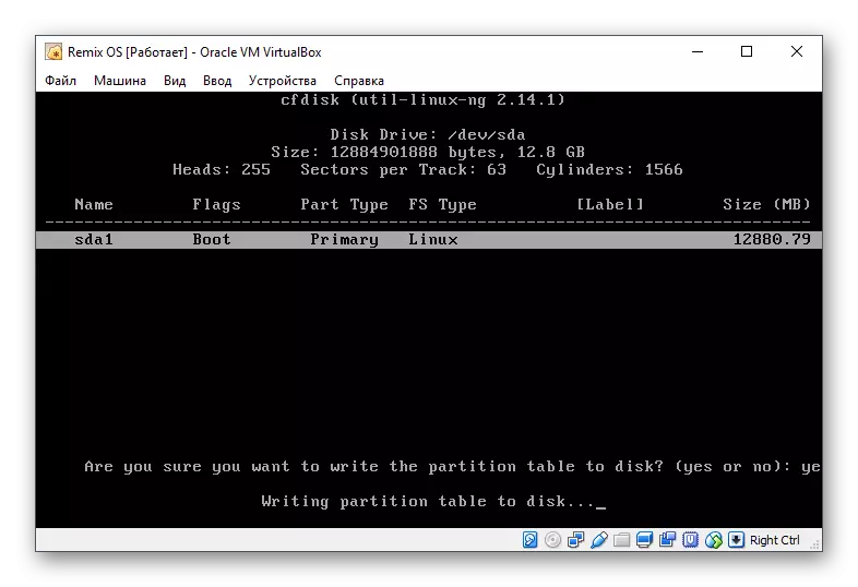 Opnemen parameters in cfdisk Remix OS in VirtualBox