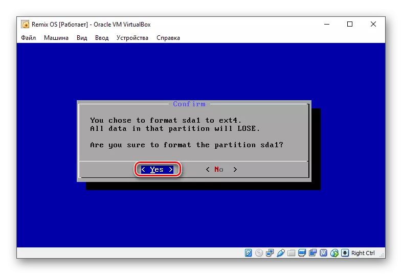 Formatiranje na odabrani sistem datoteka za instaliranje Remix OS u VirtualBox