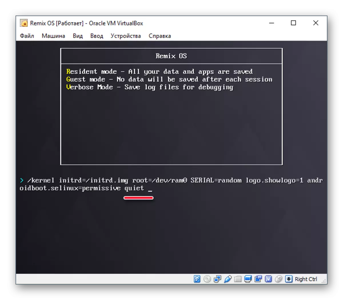 Tekst verwijderen in stille woord in het Remix OS-installatieprogramma in VirtualBox