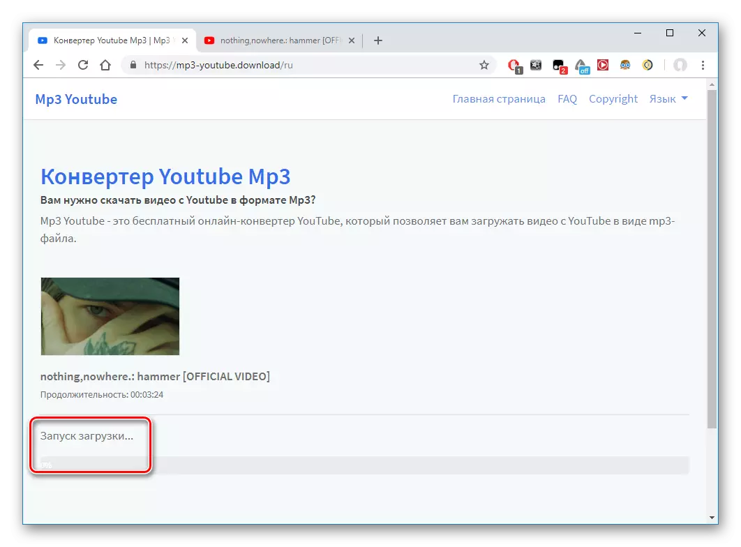 Încărcarea fișierului și convertirea acestuia pe site-ul MP3 YouTube