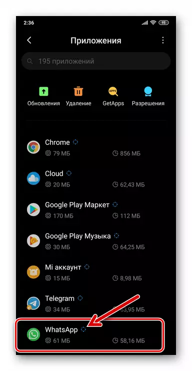 Whatsapp för Android Messenger i listan över program som är installerade på smartphone
