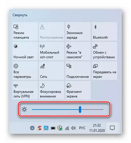 Kirkkauden merkkivalo Windows 10: n kautta ilmoituskeskuksen valikosta